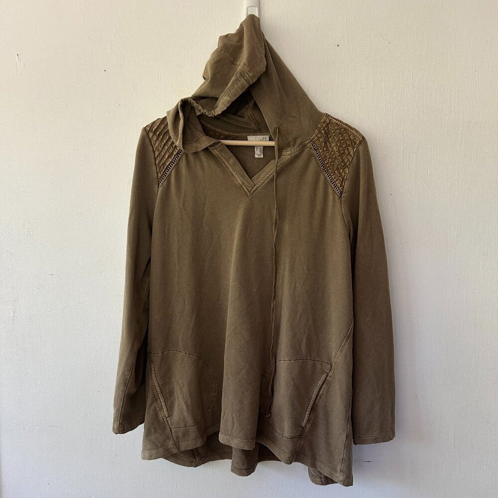 Lori Goldstein Pullover Top Womens Large Green Pocket Hooded Forest Fairy Goblin